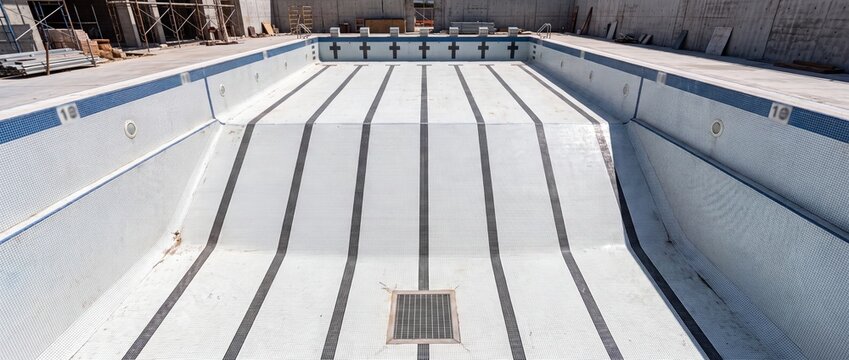 Empty tiled swimming pool under construction at a building site showing lanes and drainage grate in a wide angle view during a sunny day with clear blue sky