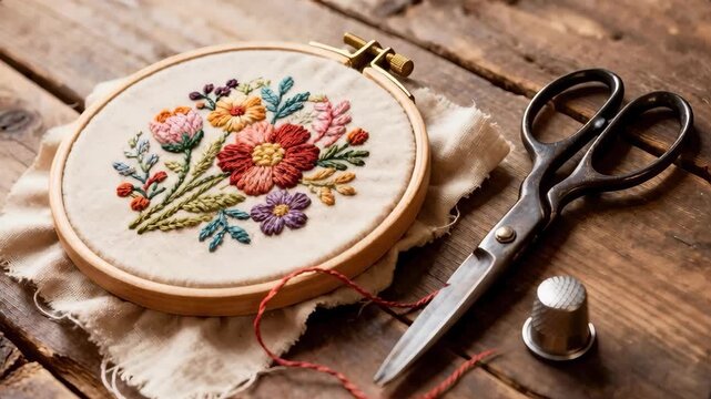 Traditional floral embroidery in a wooden hoop. Close-up of handmade needlework craft with vintage scissors and thimble on a rustic wooden table