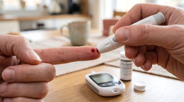 Person using a plastic lancing device to prick their finger for a daily blood glucose test