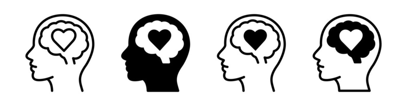 Mental health icon set with human head, brain and heart in outline and solid styles. Psychology, emotional intelligence, cognitive wellbeing and healthcare symbols for therapy and wellness.