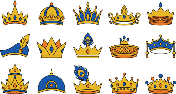 Collection of indian crowns and king headdresses cartoon vector illustrations.