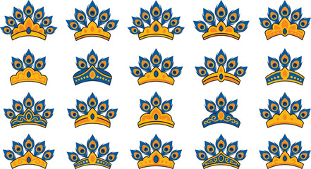 Peacock feather crowns and tiaras cartoon vector set indian royal headdresses. © Arohi