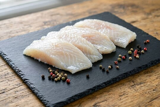 Fresh raw white fish fillets are arranged on a black slate board beside whole peppercorns, highlighting premium seafood ingredients for healthy cooking and gourmet cuisine