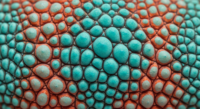 Chameleon skin texture macro, vibrant turquoise and orange reptile scales, exotic animal pattern background