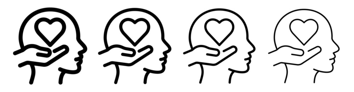 Mental health support icon with human head, caring hand and heart in varying line weight. Psychology, emotional wellbeing and healthcare symbol for medical, wellness and therapy design.