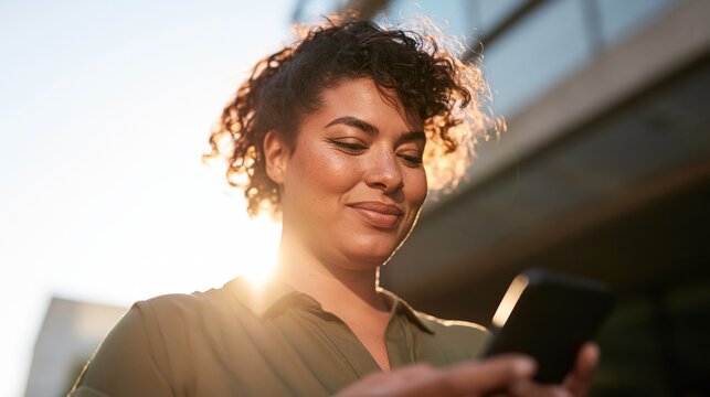 Smiling Woman Texting Outdoors on Sunny Day