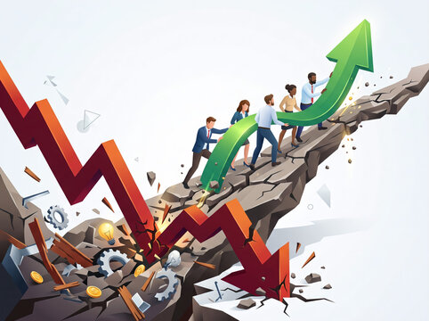 Conceptual illustration of business growth and recovery showing a team pushing a green upward arrow against a background of financial decline