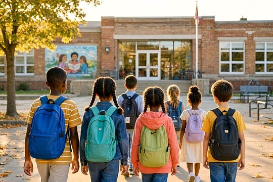 A group of young children wearing colorful backpacks walks toward a school building in warm morning sunlight, capturing friendship, education, excitement, and a joyful back-to-school atmosphere.