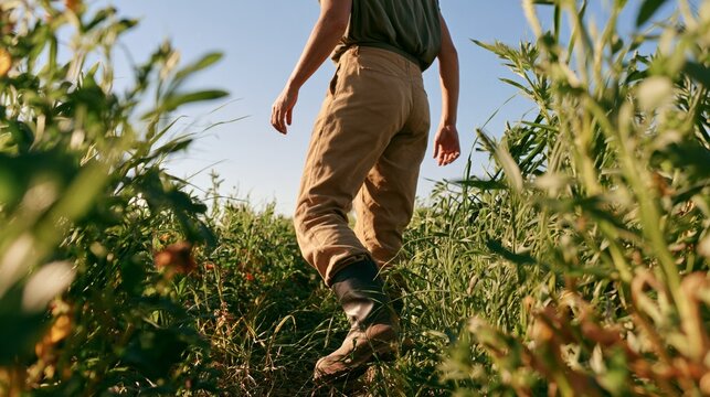 Rural Scene - Man Walking Through Field with Plants