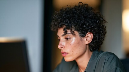 Obraz premium Contemplative Woman with Curly Hair, Looking to the Side, in a Lit Room