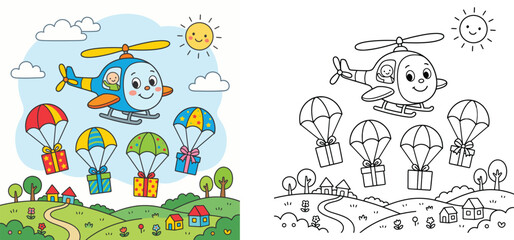 Fototapeta premium Cartoon helicopter delivering gifts with parachutes coloring page for kids, vector illustration of cute helicopter in sky with colored sample and outline worksheet.