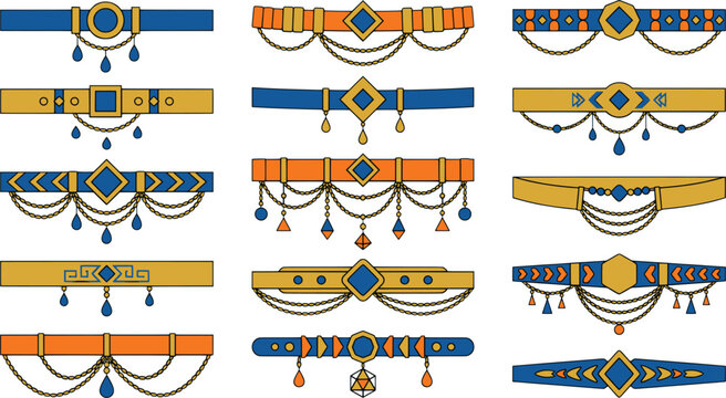 Collection of ornate decorative belts and jewelry bands with gold and blue metal patterns.