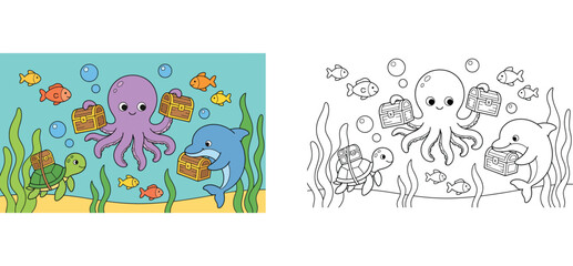 Fototapeta premium Cute underwater cartoon animals coloring page and colored template with octopus, dolphin, sea turtle, and fish carrying treasure chests, vector illustration for kids education.