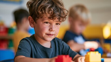 Fototapeta premium Young Boy Engrossed in Building LEGO at Daycare