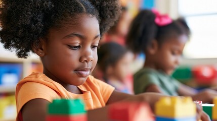 Fototapeta premium Young Girl Building with LEGOs in a Classroom Setting, Surrounded by Her Peers and Instructors' Presence