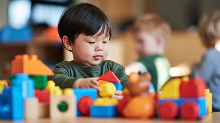 Fototapeta premium Child Playing with Legos at a Table in a Room