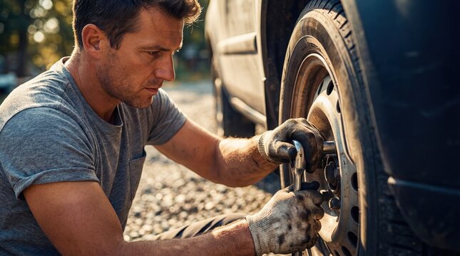 A man is fixing a car tire in a gravel area during daylight. He is focused on his task and uses tools to complete it