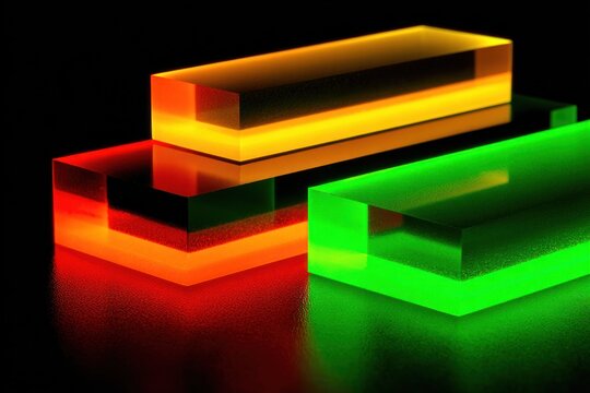 Three blocks of glass in red, green, and yellow sit together, shining under studio lights in a dark environment