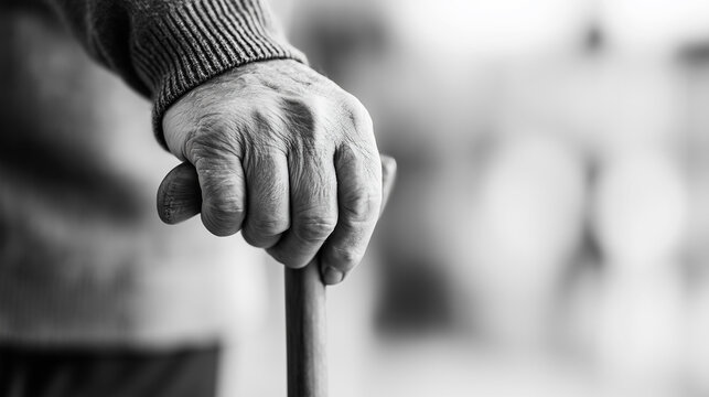 Black and white close up of an elderly man's wrinkled hand firmly gripping a wooden walking cane.