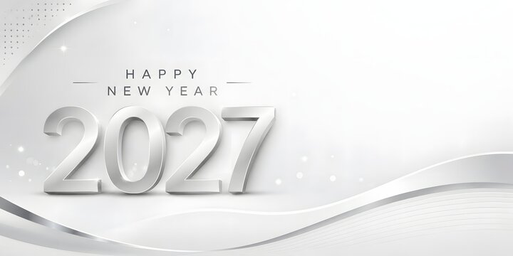 Happy New Year 2027 elegant banner, 3D silver numbers on white background, luxury holiday greeting card with abstract waves and copy space