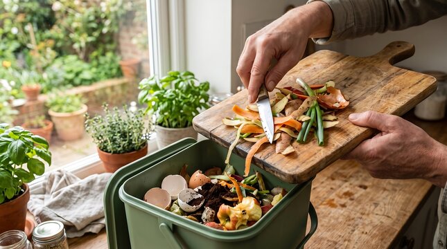 Person scraping fresh vegetable peelings and food scraps into a green kitchen compost bin container