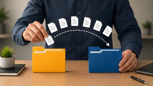 Document management file transfer concept showing businessman organizing digital paperwork between office folders for data migration
