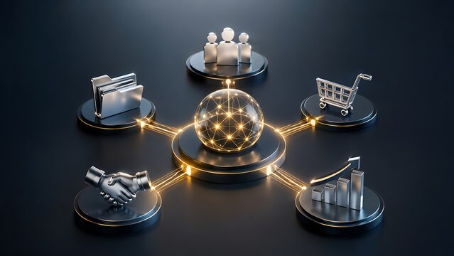 B2B business ecosystem network featuring connected corporate icons around central glowing data sphere for omnichannel strategy