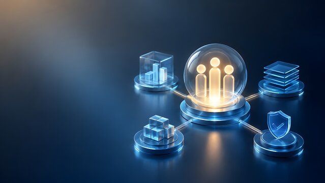 Secure corporate team collaboration network showing central glowing figures connected to data infrastructure and security shield