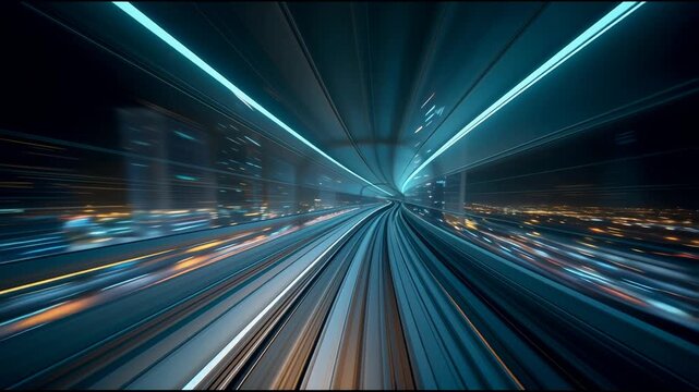 Bullet train speeding through futuristic neon city tunnel. 4k video
