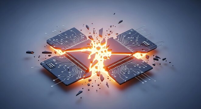 Exploding computer chip with glowing orange light, shattered electronic processor on dark background, broken semiconductor hardware failure concept