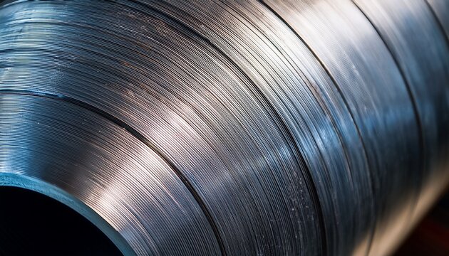 close up of a solid round rolled steel bar showing detailed industrial lamination texture and metallic sheen from a side angle view texture part metal