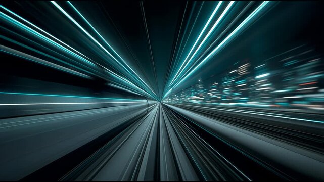 Modern high speed bullet train zooming through cyber city. 4k video