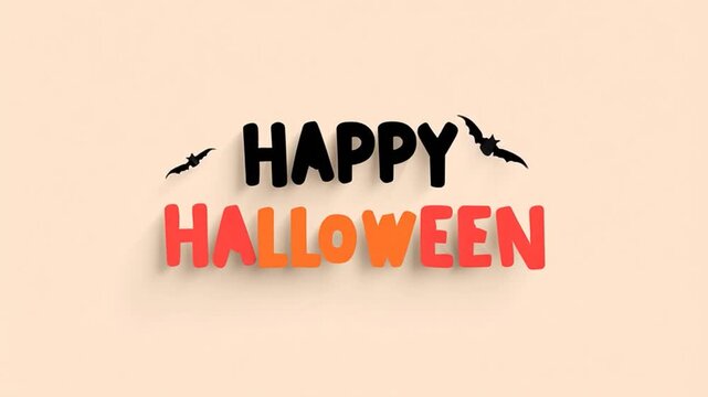 A spooky Halloween scene with "Happy Halloween" on a flat orange surface, animated bats,  and a seamless loop.