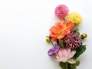 Fototapeta premium Colorful flower bouquet flat lay for celebration and greeting card design, white background