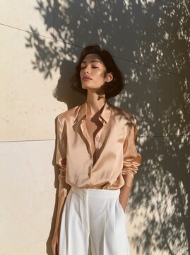 Woman in caramel satin button-down shirt poses against a textured wall, sunlight casting shadows, wearing white trousers and showcasing a stylish, modern look