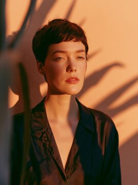 Close up portrait of a woman with short hair wearing a dark shirt, illuminated by warm sunlight against a textured orange wall with plant shadows