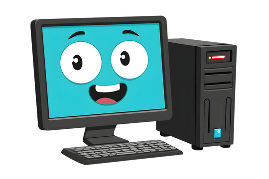 Cute 3D cartoon desktop computer character with a smiling face on monitor