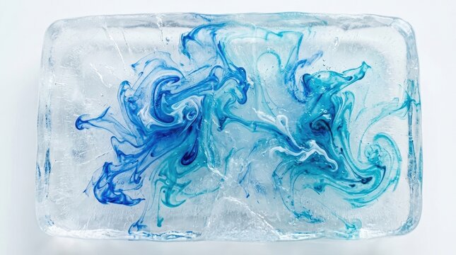 A clear rectangular block of ice displays a mesmerizing swirl of blue and white pigments. The ice is transparent, allowing the vibrant colors to flow and blend within its crystalline structure.