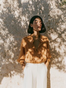 Woman wearing caramel satin button-down shirt and white trousers stands against a textured wall with shadows, showcasing a stylish and contemporary fashion look