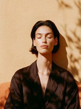 Woman with short dark hair wearing a dark chocolate satin blouse poses against a textured yellow wall, soft shadows cast across her face and shoulders