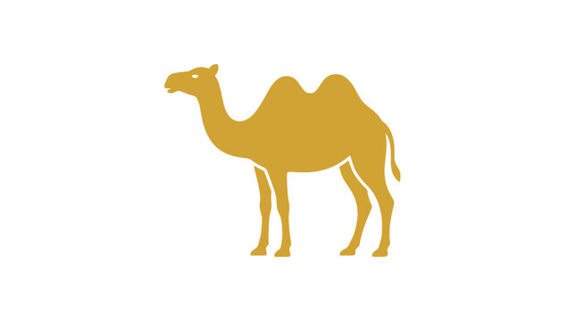 A large camel stands alone in a desert landscape with two humps.