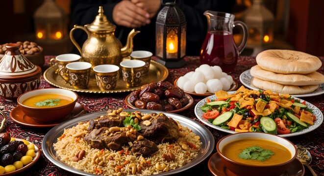Traditional Middle Eastern feast with mixed dishes on table. Lavish spread of kabsa, mezze, and desserts for family gathering.