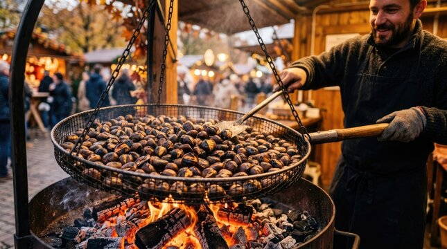 A man is roasting chestnuts on an open fire at a Christmas market. He is using a large metal shovel to scoop the chestnuts from a hanging basket and onto the hot coals.