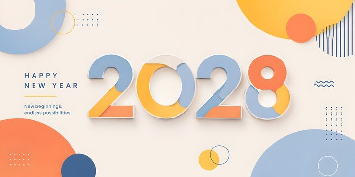 Happy New Year 2028 banner with geometric shapes, modern 2028 typography in pastel colors, abstract Memphis style celebratory background