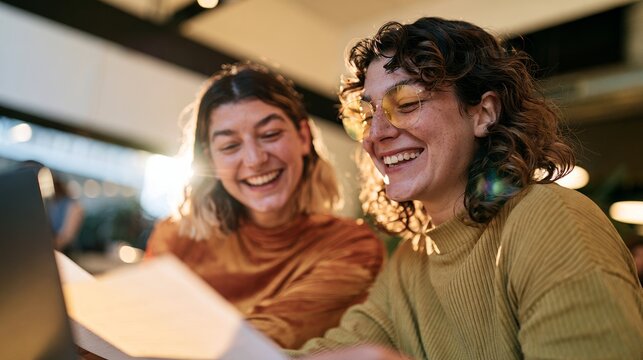 Young Women Sharing a Joyful Moment Over a Document, Smiling and Celebrating