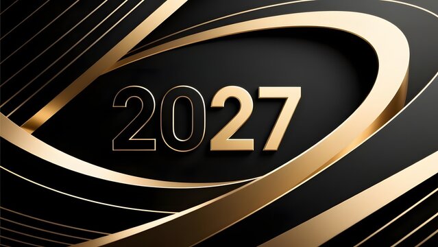 Luxury 2027 New Year background, elegant gold and black 3D numbers, premium metallic swirl abstract design for corporate celebration