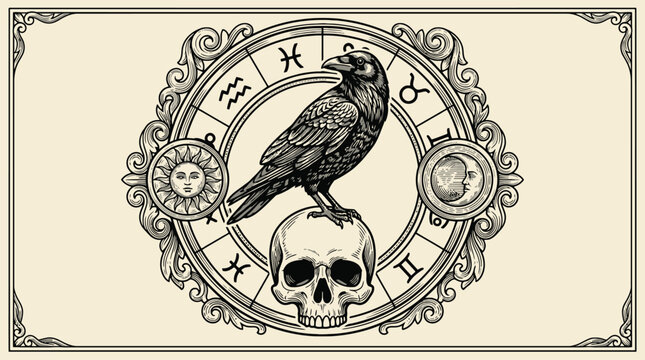 Vintage raven bird on skull emblem vector illustration with ornate circular design.