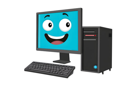 3D rendered illustration of a happy cartoon computer workstation