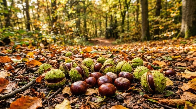 A collection of chestnuts rests on a bed of fallen leaves in a forest. Sunlight filters through the trees, creating a warm and golden atmosphere.