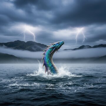 A legendary aquatic creature emerges from dark lake waters under a stormy sky while thick mist rolls over the distant rugged hill peaks, legend, ancient, hidden